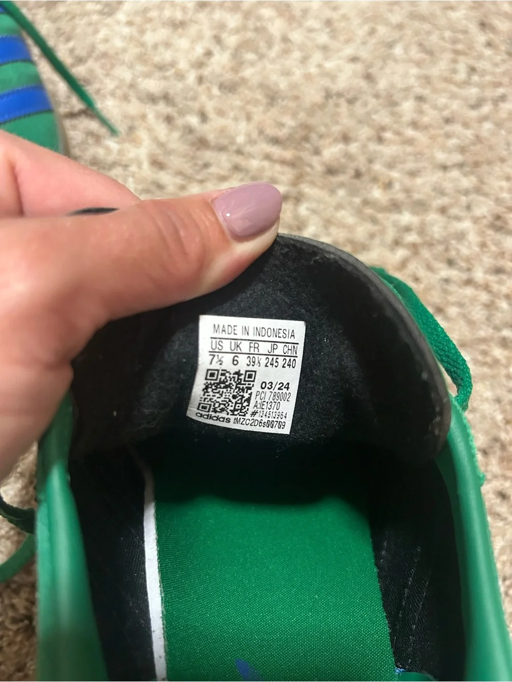 adidas Green Suede Sneakers with Blue Stripes and Gum Platform